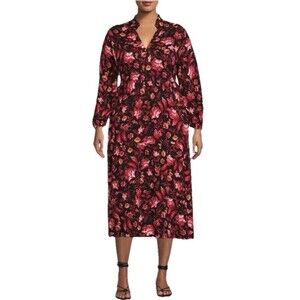 Terra & Sky Floral Midi Dress 0X 14W Black Red Long Sleeve Boho Plus